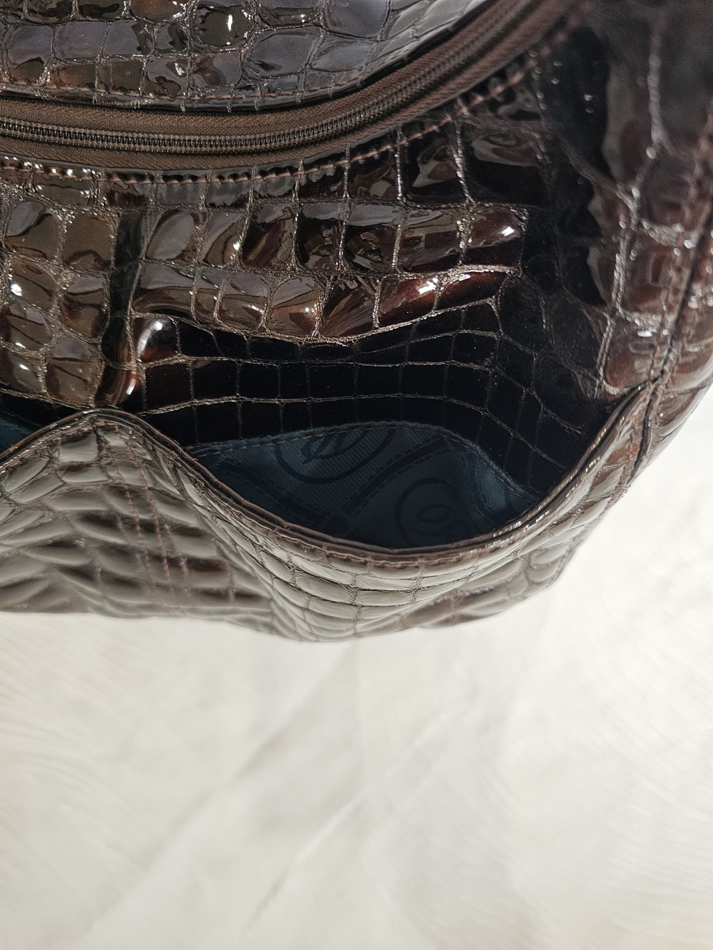 The Brighton Barbados Espresso Croc-Embossed Patent Leather Hobo Bag - Picture 5 of 11
